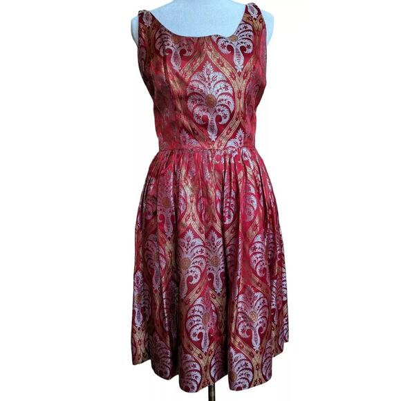 Vtg Silvano Of Roma Heiser Brocade Dress Red Gold Silver 1950s Party Cocktail - Picture 5 of 11
